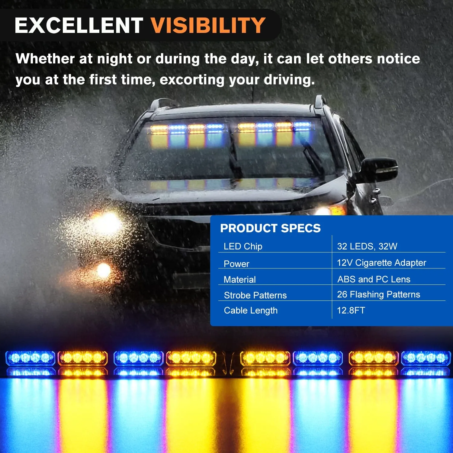 32LED Amber Blue Emergency Dash Strobe Lights with Controller Suction Cups