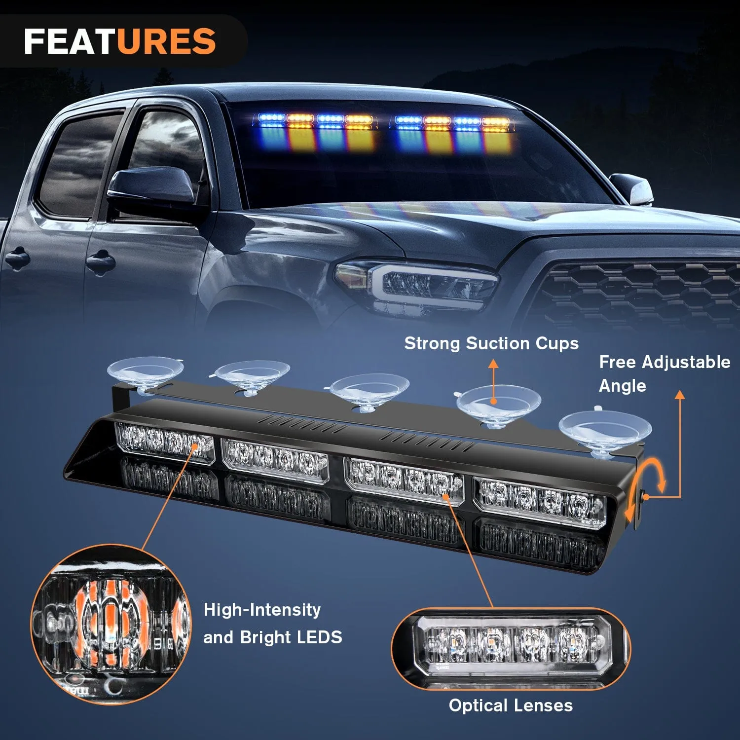 32LED Amber Blue Emergency Dash Strobe Lights with Controller Suction Cups