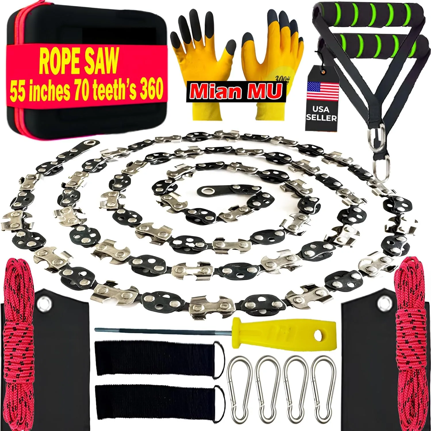 55 Inch High Limb Rope Saw  Dual Sided Pocket Chainsaw with 70 Sharp Teeth  Rope Saw Tree Saw High Limb Tool with Storage Box for Outdoor Adventures