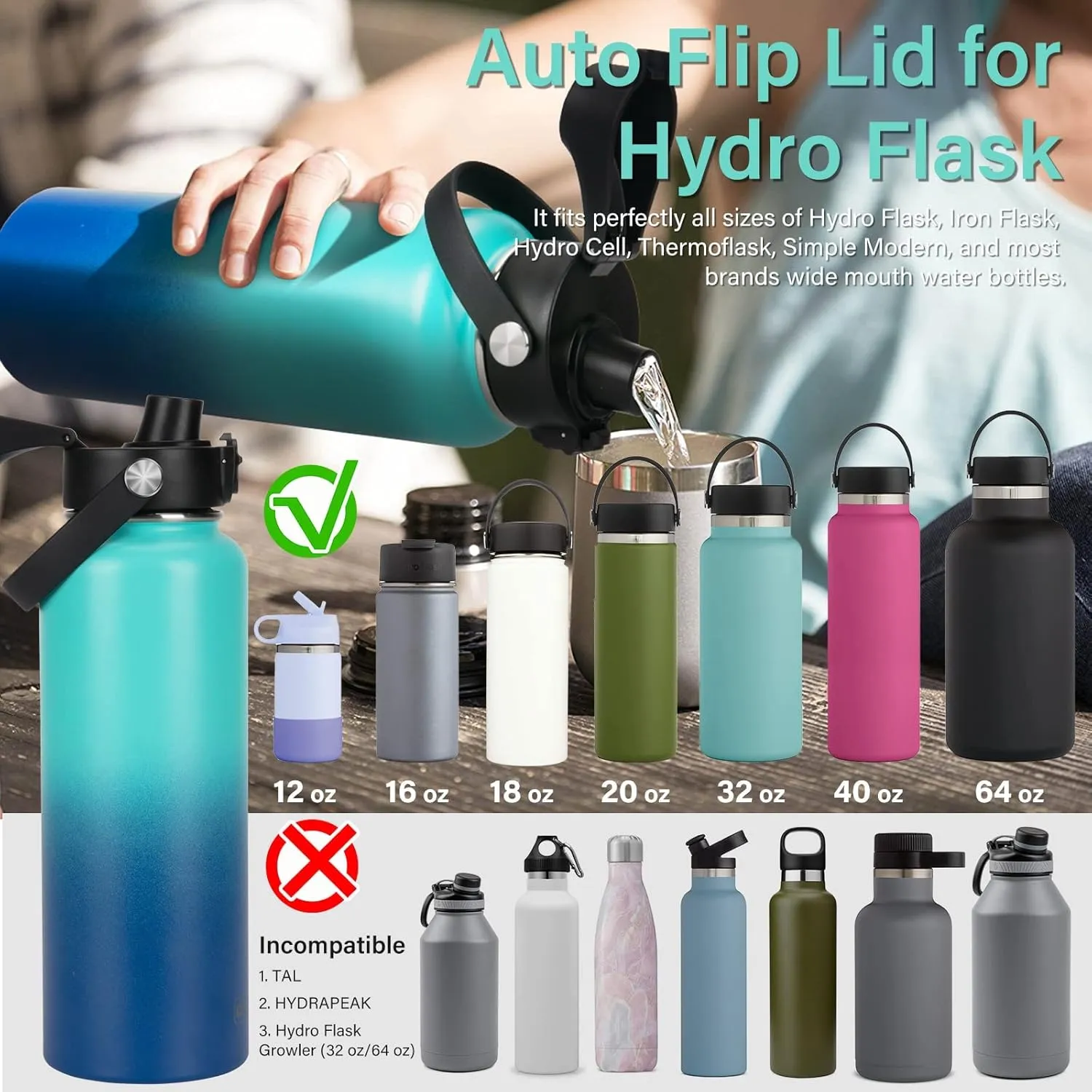 Auto Flip Lid for Hydro Flask Wide Mouth, Great Spout Lid for Simple Modern, Fits for Iron Flask and Other Brands, Replacement Lid with Button Lock