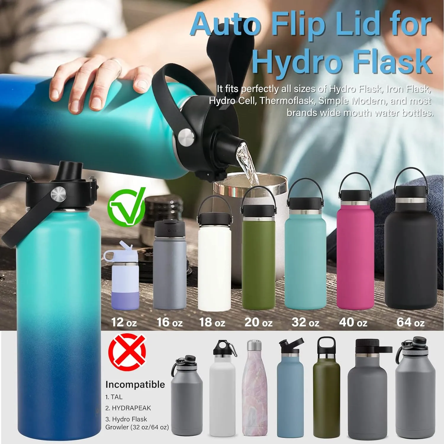 Auto Flip Lid for Hydro Flask Wide Mouth, Great Spout Lid for Simple Modern, Fits for Iron Flask and Other Brands, Replacement Lid with Button Lock