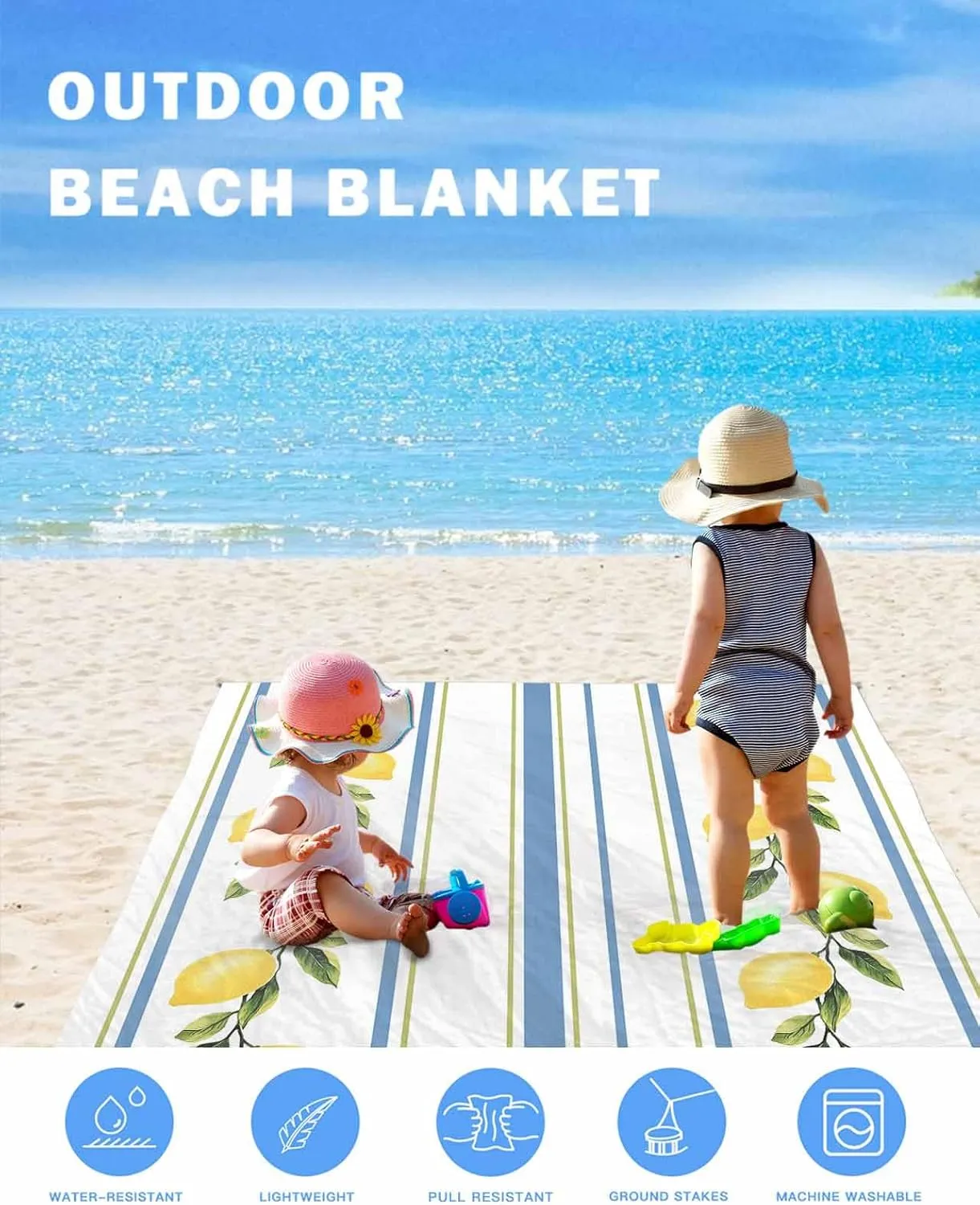 Beach Blanket Sandproof, 83"x79" Extra Large Beach Mat Waterproof Minimalism Lemon Blue Striped Retro Oversized Outdoor Mat for Camping Park Travel Grass