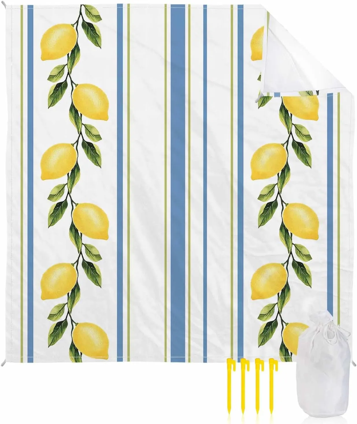 Beach Blanket Sandproof, 83"x79" Extra Large Beach Mat Waterproof Minimalism Lemon Blue Striped Retro Oversized Outdoor Mat for Camping Park Travel Grass