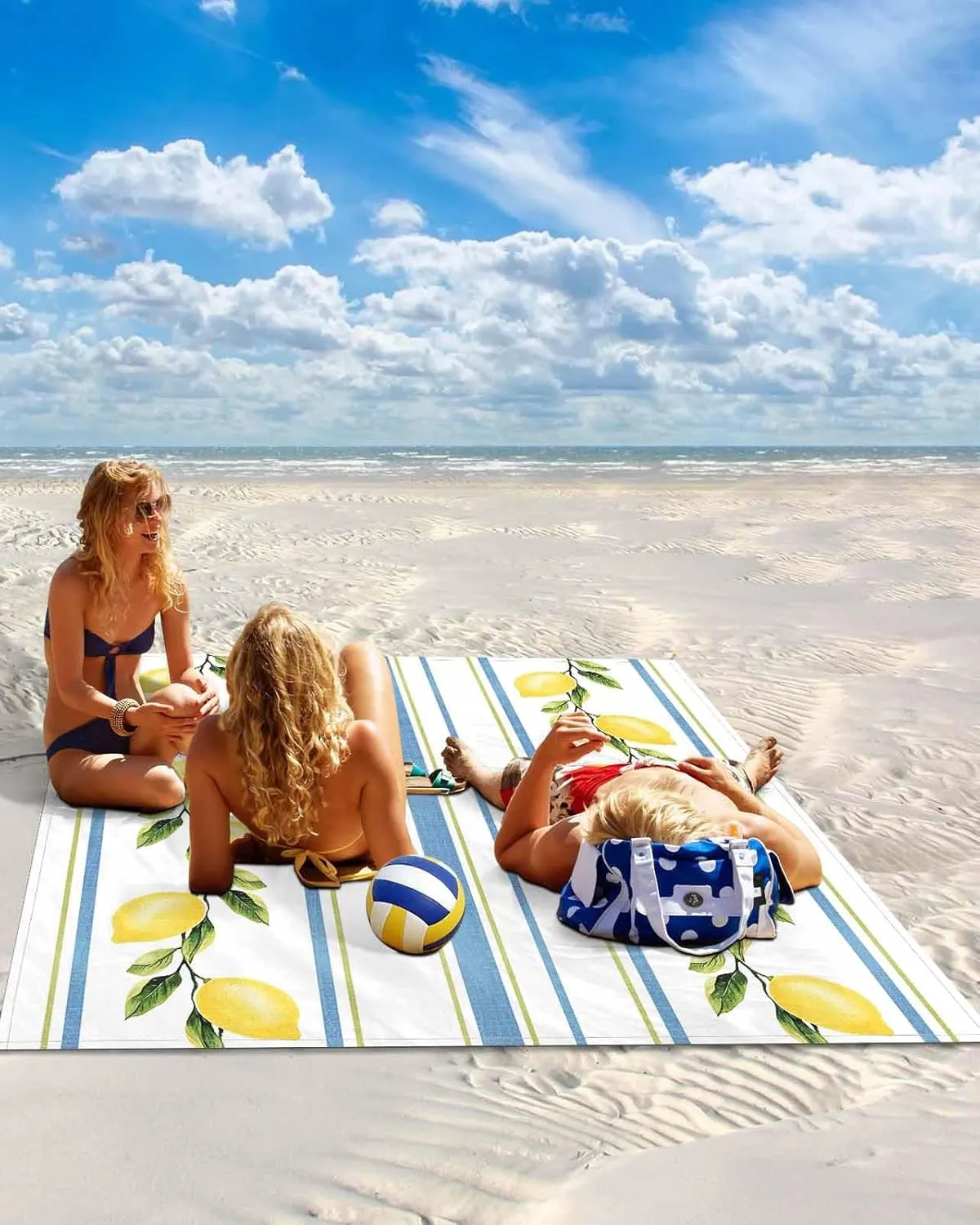 Beach Blanket Sandproof, 83"x79" Extra Large Beach Mat Waterproof Minimalism Lemon Blue Striped Retro Oversized Outdoor Mat for Camping Park Travel Grass