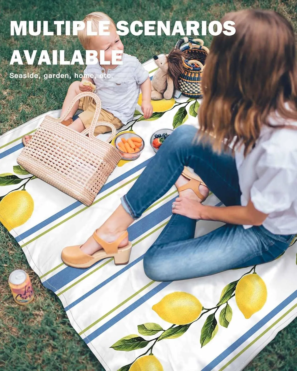 Beach Blanket Sandproof, 83"x79" Extra Large Beach Mat Waterproof Minimalism Lemon Blue Striped Retro Oversized Outdoor Mat for Camping Park Travel Grass