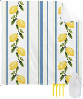 Beach Blanket Sandproof, 83"x79" Extra Large Beach Mat Waterproof Minimalism Lemon Blue Striped Retro Oversized Outdoor Mat for Camping Park Travel Grass