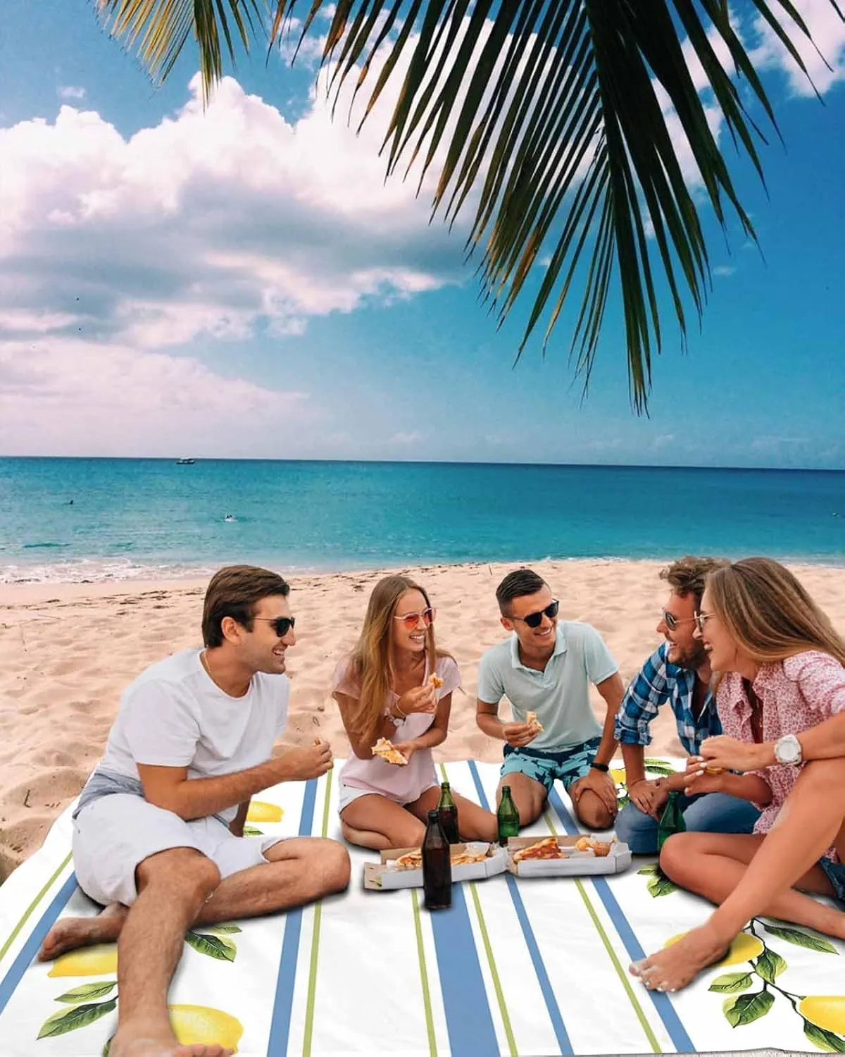 Beach Blanket Sandproof, 83"x79" Extra Large Beach Mat Waterproof Minimalism Lemon Blue Striped Retro Oversized Outdoor Mat for Camping Park Travel Grass