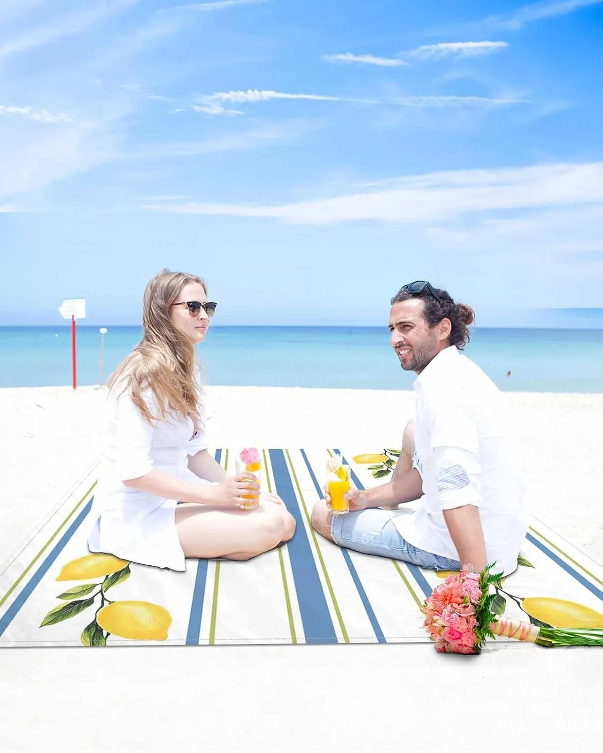 Beach Blanket Sandproof, 83"x79" Extra Large Beach Mat Waterproof Minimalism Lemon Blue Striped Retro Oversized Outdoor Mat for Camping Park Travel Grass