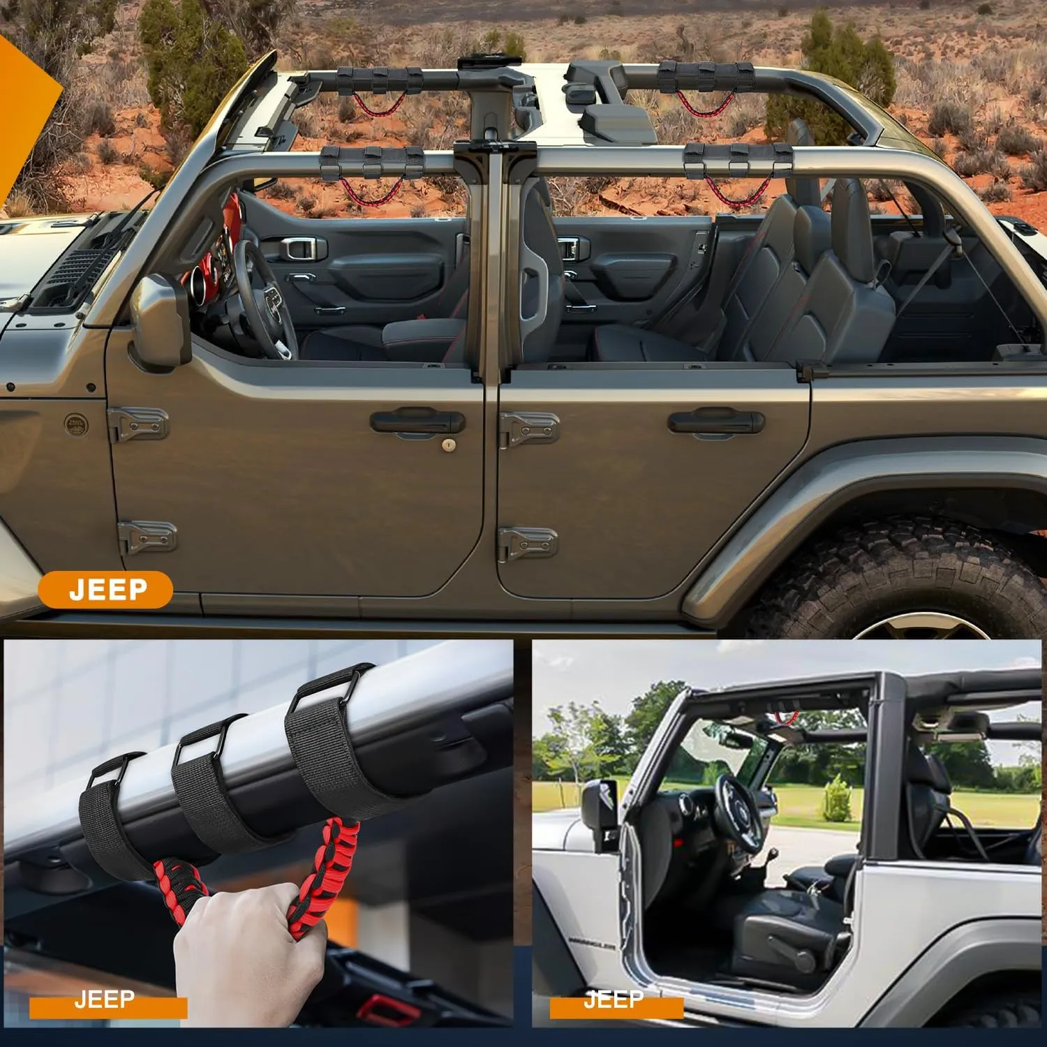 Grab Handles Black Red Universal 2in- 4in Roll Bar Mount 4PCS