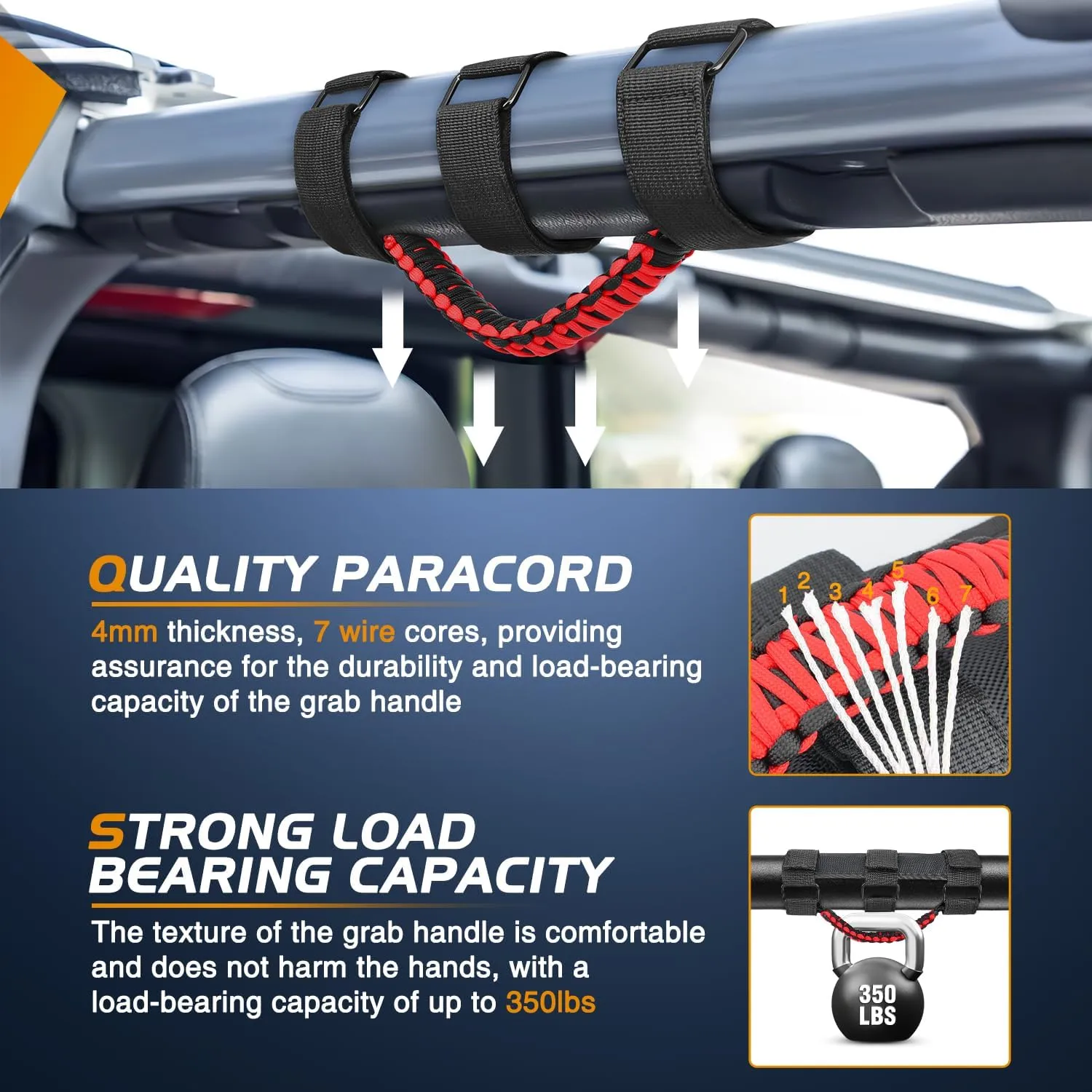 Grab Handles Black Red Universal 2in- 4in Roll Bar Mount 4PCS