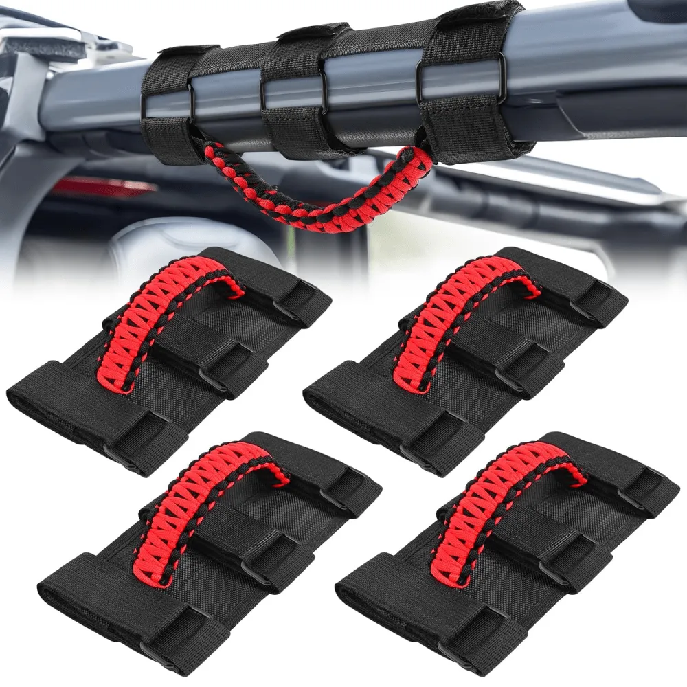 Grab Handles Black Red Universal 2in- 4in Roll Bar Mount 4PCS
