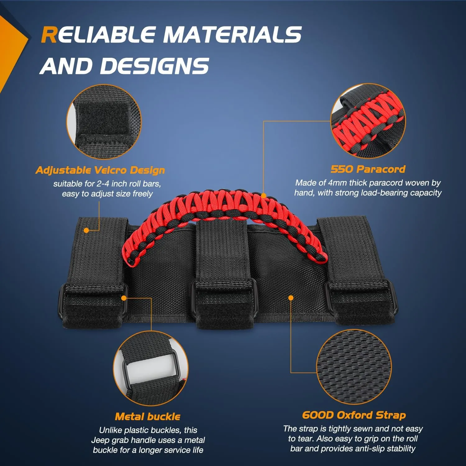 Grab Handles Black Red Universal 2in- 4in Roll Bar Mount 4PCS