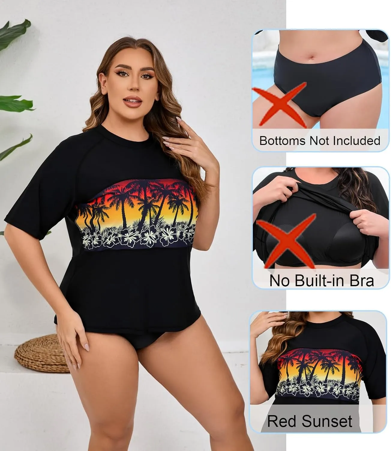 Halcurt Women's Plus Size Short Sleeve Rash Guard Swim Shirts Top Only Loose Fit Swim Tee UPF50  Swimsuit