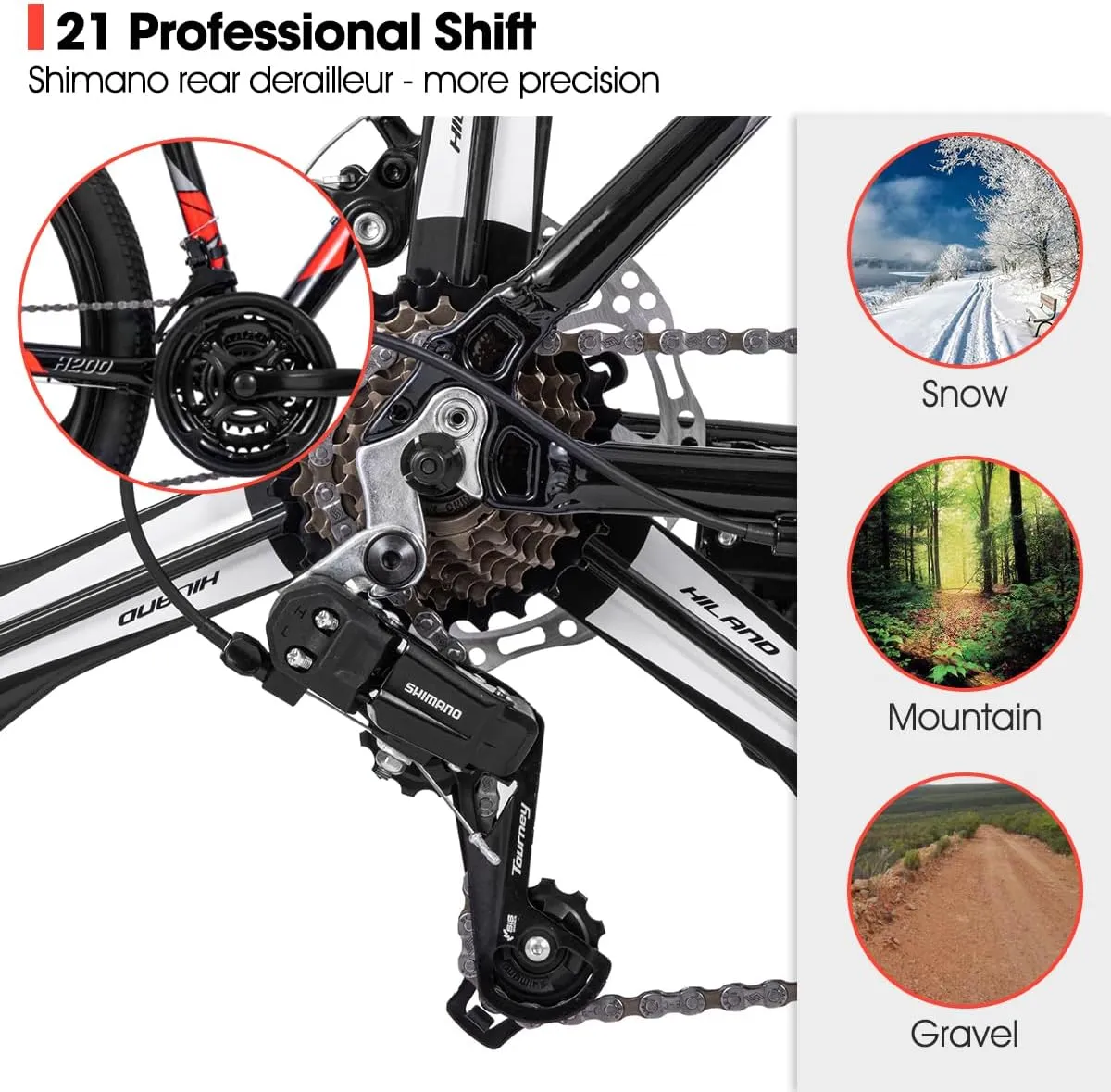 HILAND Mountain Bike, 3/6/Multi-Spokes, 21 Speeds Drivetrain, Aluminum Frame 26 Inch Wheels, Disc-Brake Bike for Men Women Men's MTB Bicycle