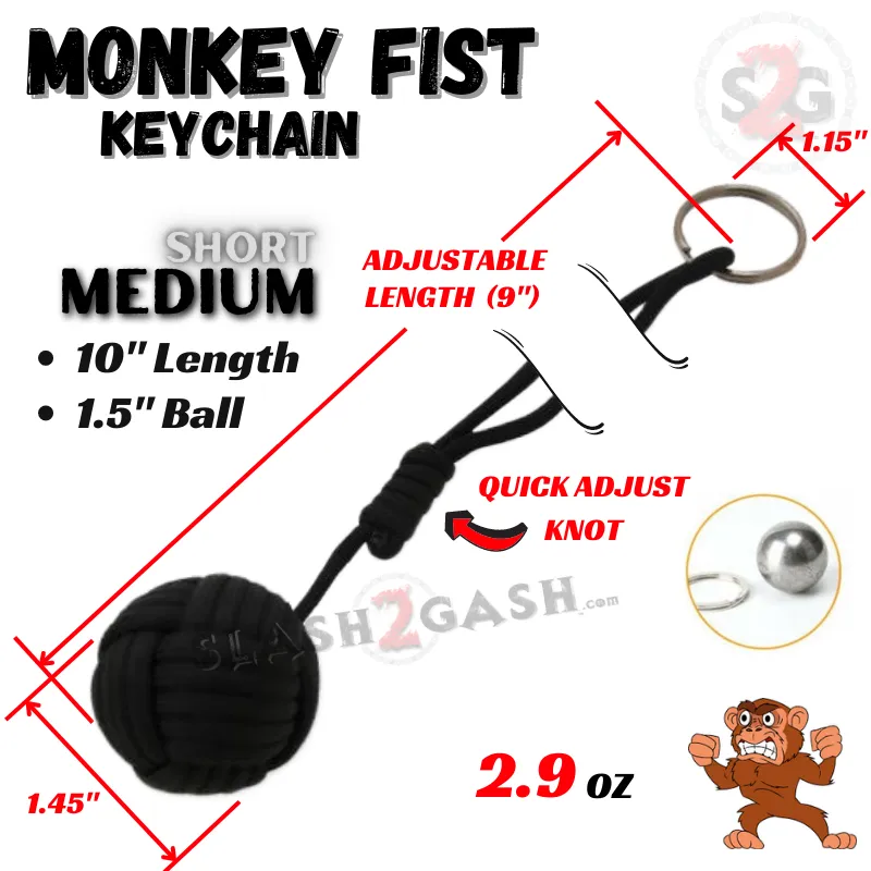 Medium Monkey Fist Self Defense Keychain Adj. w/ 1.5" Ball - Black