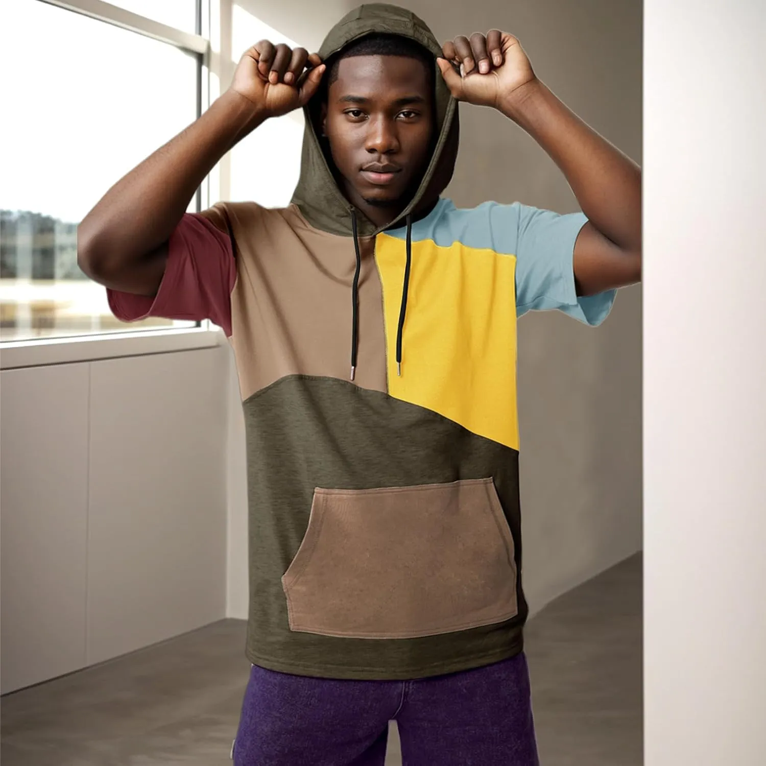 Mens Short Sleeve Hoodie Soft Cotton Color Block T-Shirt Sweatshirt Big Pocket Half Sleeve Summer Pullover