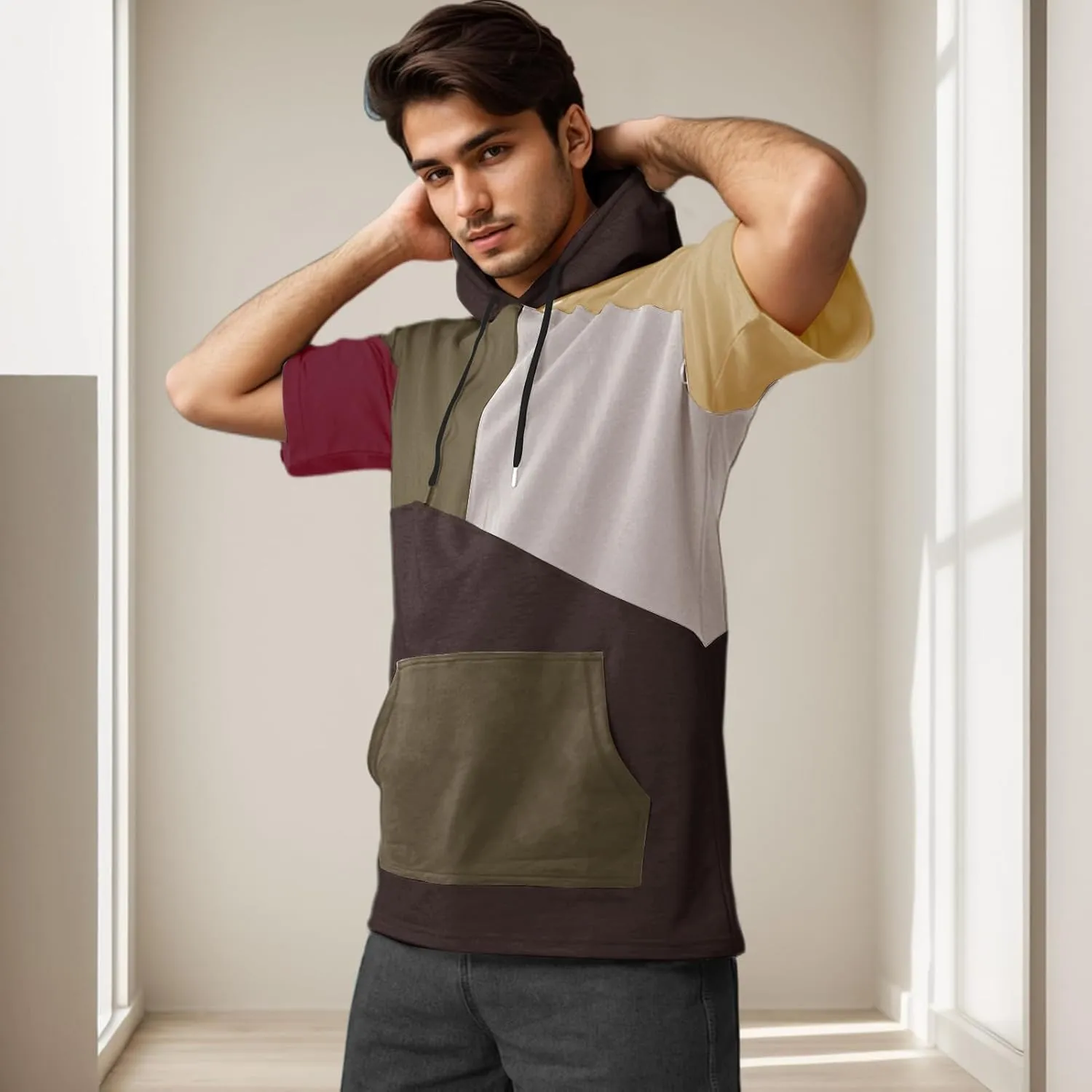 Mens Short Sleeve Hoodie Soft Cotton Color Block T-Shirt Sweatshirt Big Pocket Half Sleeve Summer Pullover