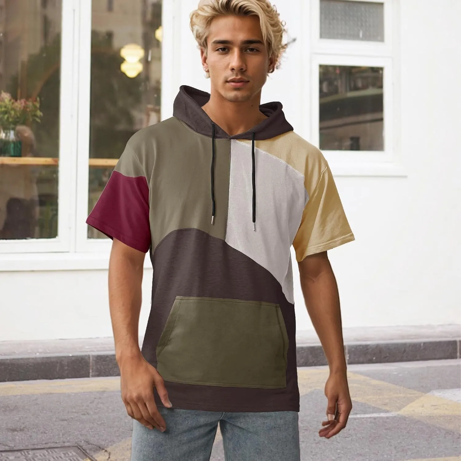 Mens Short Sleeve Hoodie Soft Cotton Color Block T-Shirt Sweatshirt Big Pocket Half Sleeve Summer Pullover