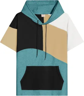 Mens Short Sleeve Hoodie Soft Cotton Color Block T-Shirt Sweatshirt Big Pocket Half Sleeve Summer Pullover