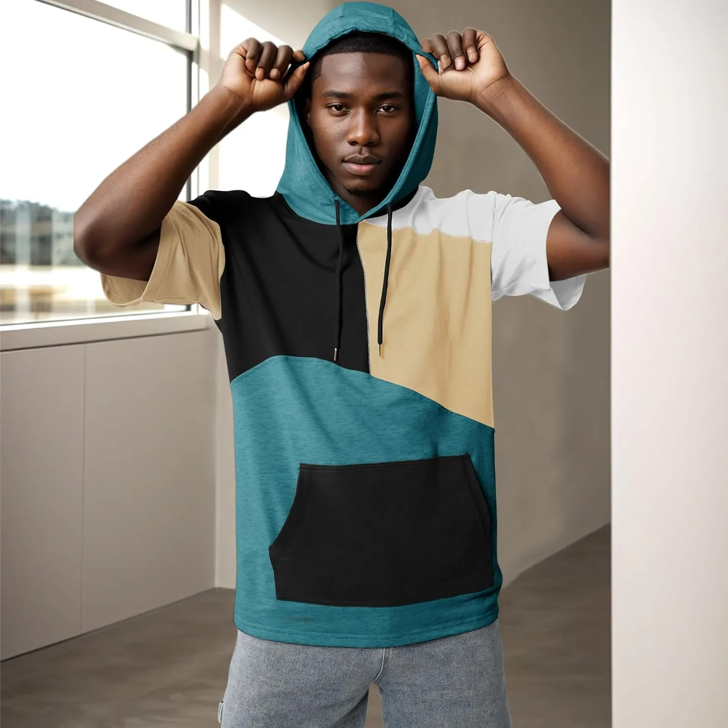 Mens Short Sleeve Hoodie Soft Cotton Color Block T-Shirt Sweatshirt Big Pocket Half Sleeve Summer Pullover