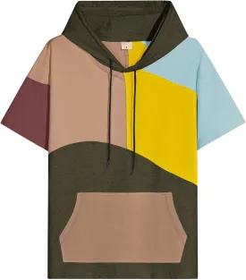 Mens Short Sleeve Hoodie Soft Cotton Color Block T-Shirt Sweatshirt Big Pocket Half Sleeve Summer Pullover