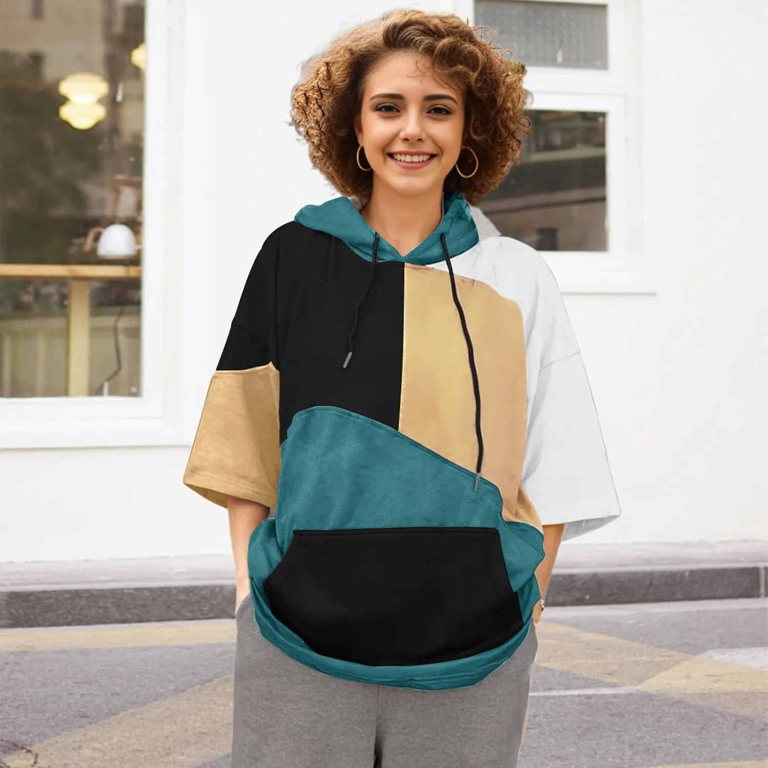 Mens Short Sleeve Hoodie Soft Cotton Color Block T-Shirt Sweatshirt Big Pocket Half Sleeve Summer Pullover