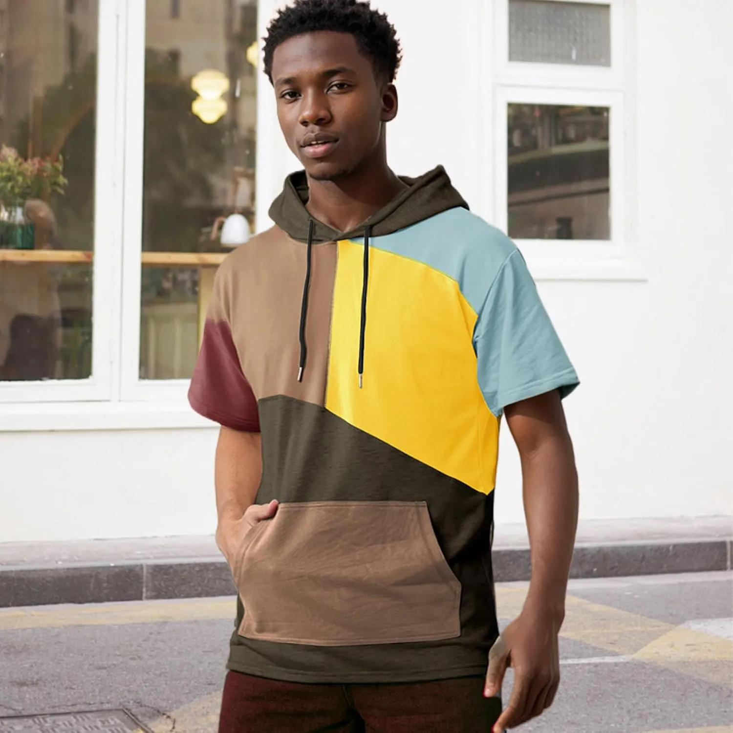 Mens Short Sleeve Hoodie Soft Cotton Color Block T-Shirt Sweatshirt Big Pocket Half Sleeve Summer Pullover