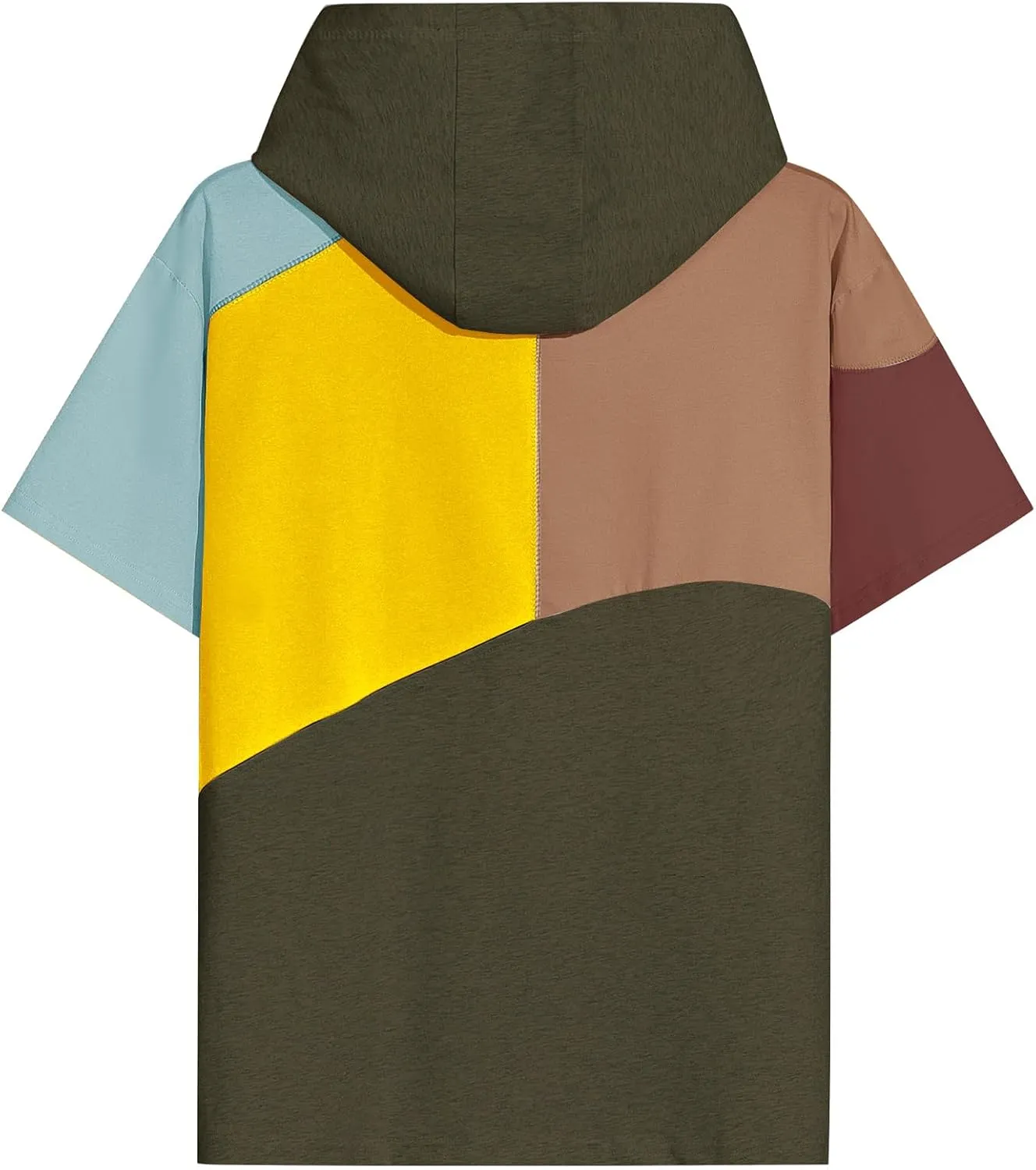 Mens Short Sleeve Hoodie Soft Cotton Color Block T-Shirt Sweatshirt Big Pocket Half Sleeve Summer Pullover