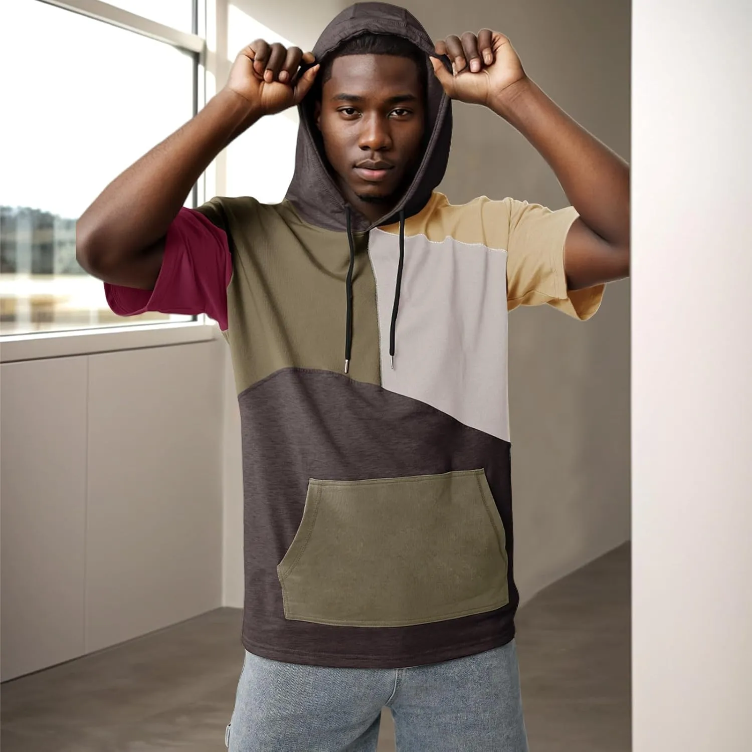 Mens Short Sleeve Hoodie Soft Cotton Color Block T-Shirt Sweatshirt Big Pocket Half Sleeve Summer Pullover
