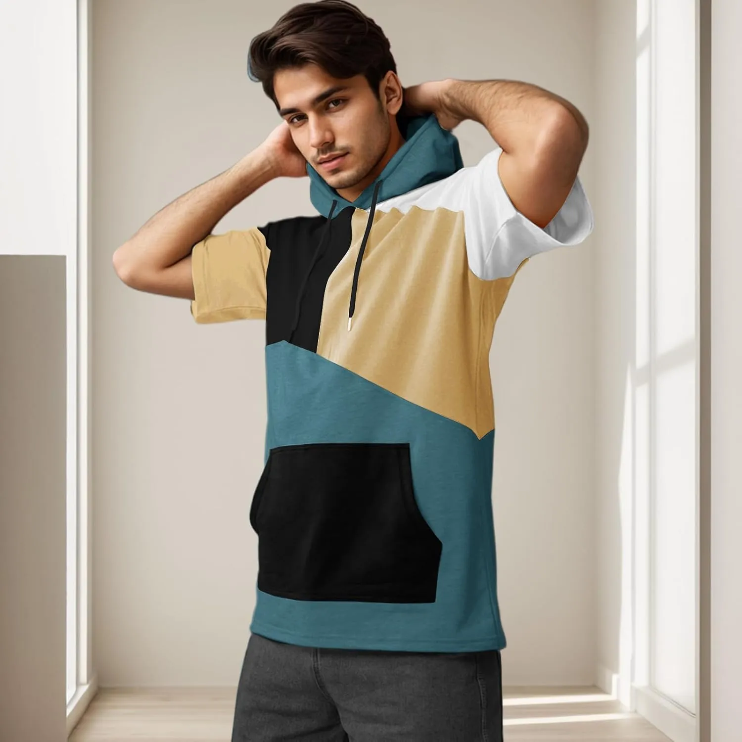 Mens Short Sleeve Hoodie Soft Cotton Color Block T-Shirt Sweatshirt Big Pocket Half Sleeve Summer Pullover