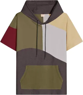 Mens Short Sleeve Hoodie Soft Cotton Color Block T-Shirt Sweatshirt Big Pocket Half Sleeve Summer Pullover