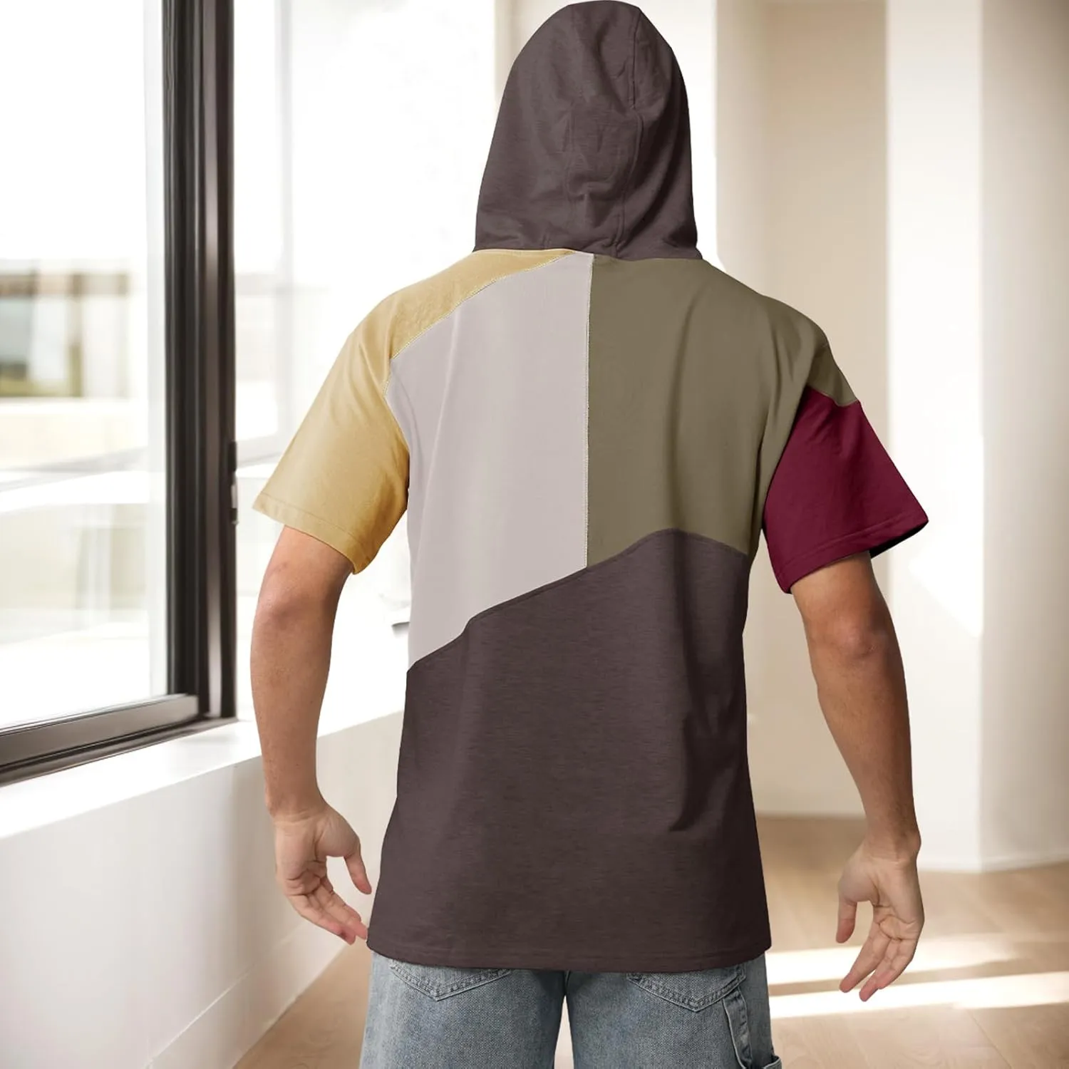 Mens Short Sleeve Hoodie Soft Cotton Color Block T-Shirt Sweatshirt Big Pocket Half Sleeve Summer Pullover