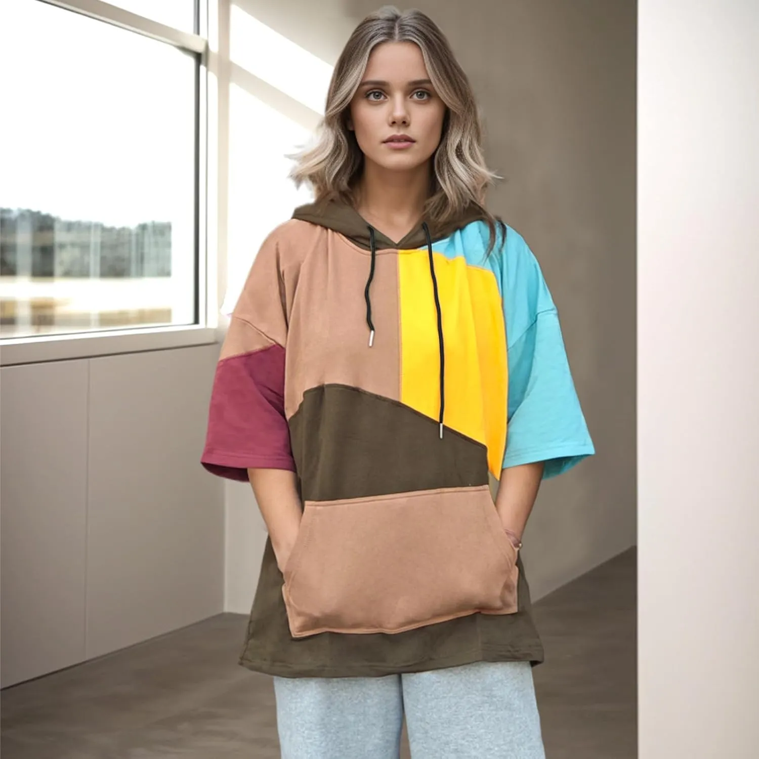 Mens Short Sleeve Hoodie Soft Cotton Color Block T-Shirt Sweatshirt Big Pocket Half Sleeve Summer Pullover