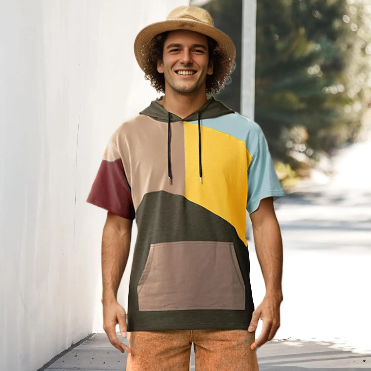 Mens Short Sleeve Hoodie Soft Cotton Color Block T-Shirt Sweatshirt Big Pocket Half Sleeve Summer Pullover