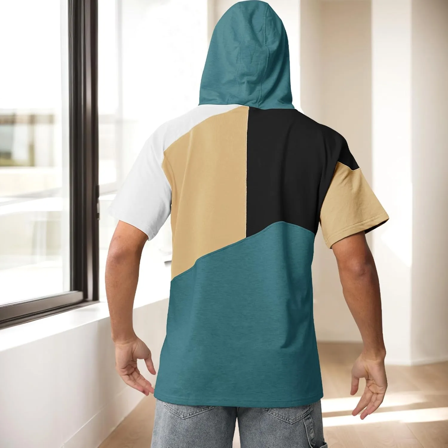 Mens Short Sleeve Hoodie Soft Cotton Color Block T-Shirt Sweatshirt Big Pocket Half Sleeve Summer Pullover