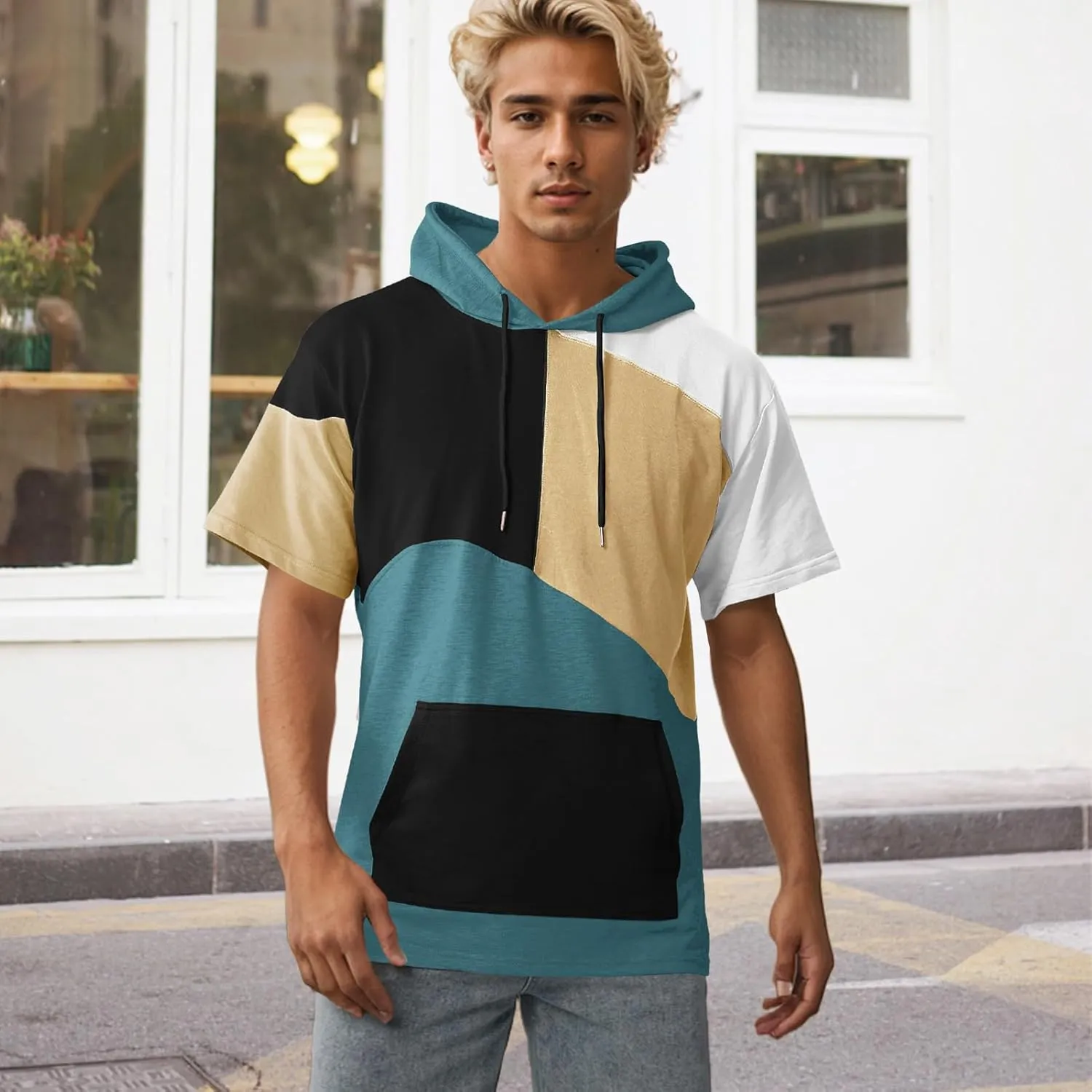 Mens Short Sleeve Hoodie Soft Cotton Color Block T-Shirt Sweatshirt Big Pocket Half Sleeve Summer Pullover
