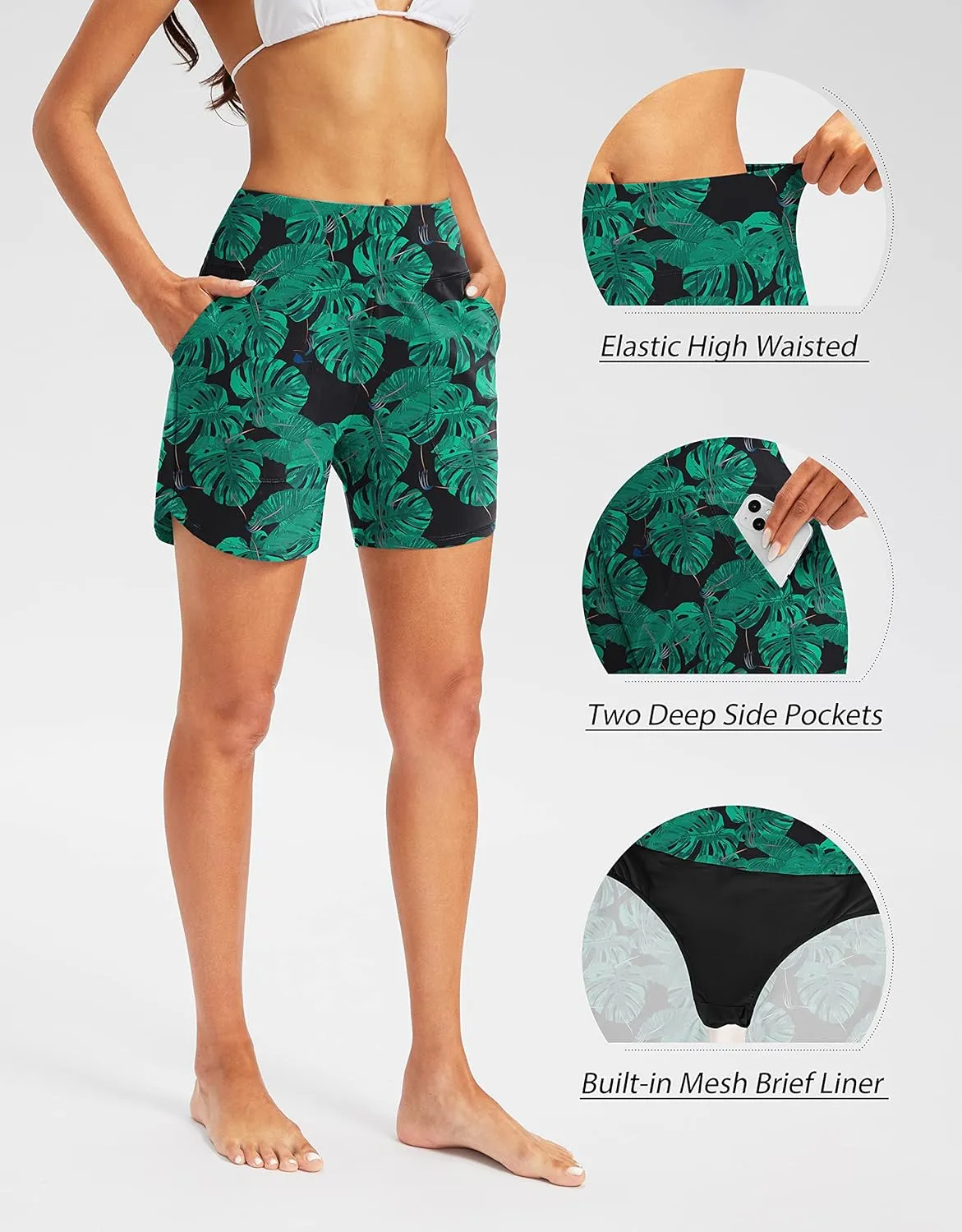 SANTINY Women's 5'' High Waisted Swim Board Shorts with Pockets UPF50  Quick Dry Bathing Suit Shorts for Women