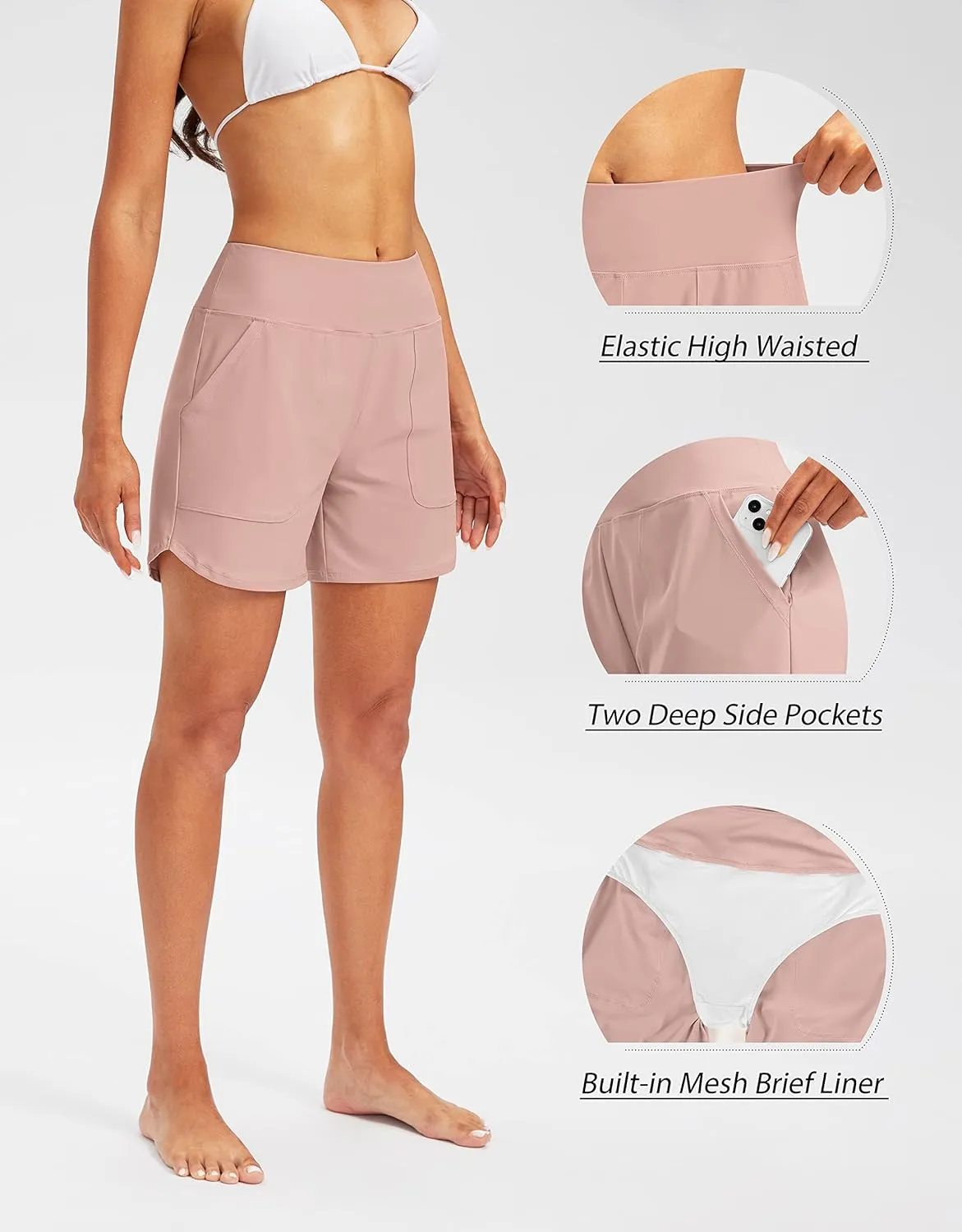 SANTINY Women's 5'' High Waisted Swim Board Shorts with Pockets UPF50  Quick Dry Bathing Suit Shorts for Women