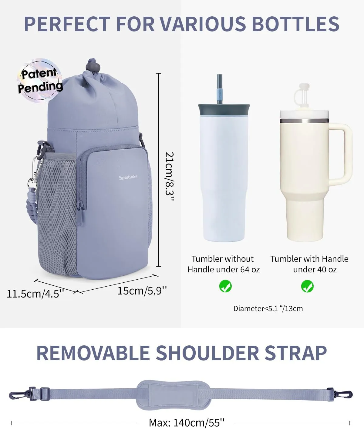 sportsnew Water Bottle Bag with Strap for 30/40oz Tumbler with Handle, 32/40/64 oz Without Handle Water Bottle Holder Carrier