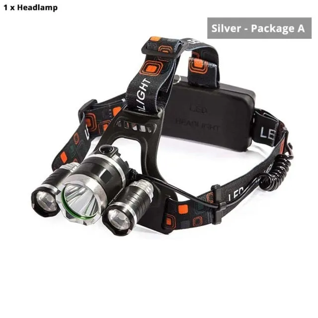 Super Bright 3 Lights LED Headlamp Waterproof Headlight Fishing Lamp 4 Lighting Modes Camping Lamp Powered By 2 X 18650 Battery