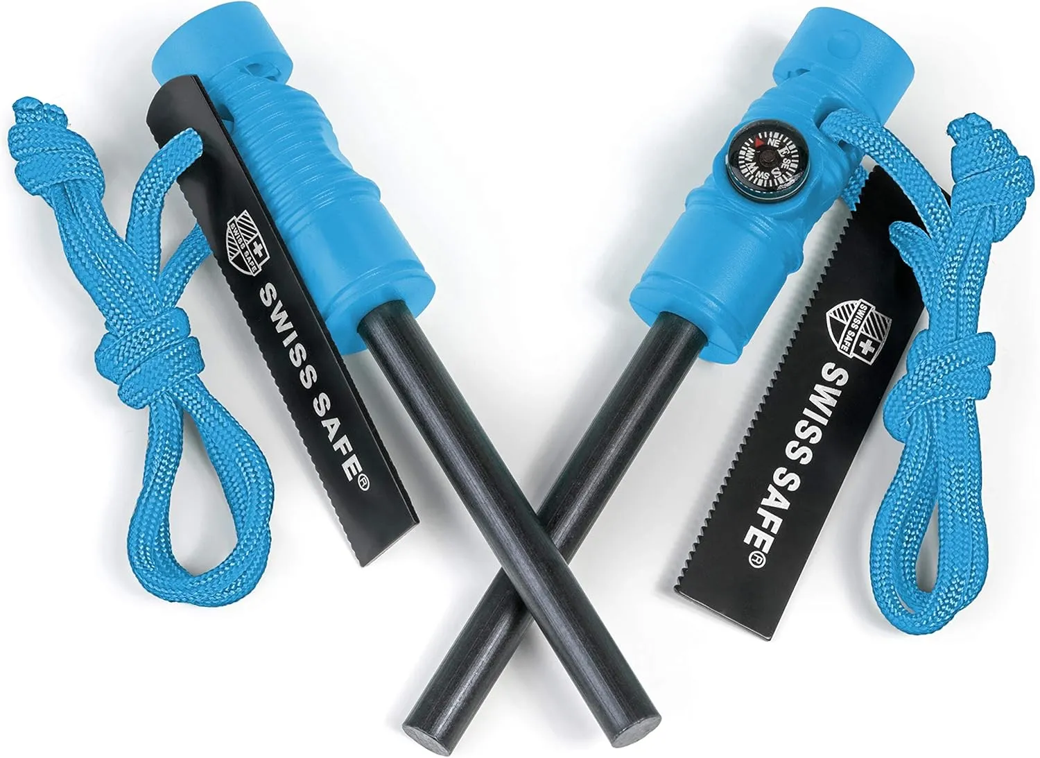 Swiss Safe 5-in-1 Magnesium Ferro Rod Fire Starter Survival Tool - Flint & Steel Striker, Compass, Paracord & Whistle - Emergency Kit for Backpacking, Camping, Hiking - All-Weather