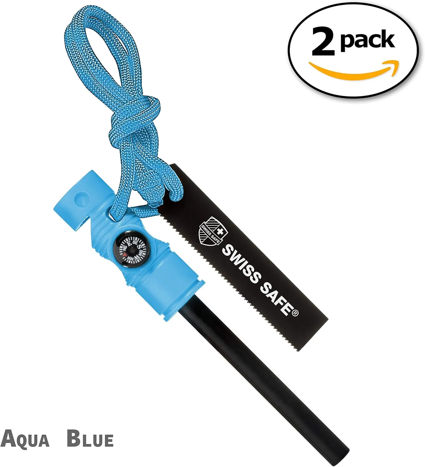 Swiss Safe 5-in-1 Magnesium Ferro Rod Fire Starter Survival Tool - Flint & Steel Striker, Compass, Paracord & Whistle - Emergency Kit for Backpacking, Camping, Hiking - All-Weather