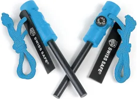 Swiss Safe 5-in-1 Magnesium Ferro Rod Fire Starter Survival Tool - Flint & Steel Striker, Compass, Paracord & Whistle - Emergency Kit for Backpacking, Camping, Hiking - All-Weather