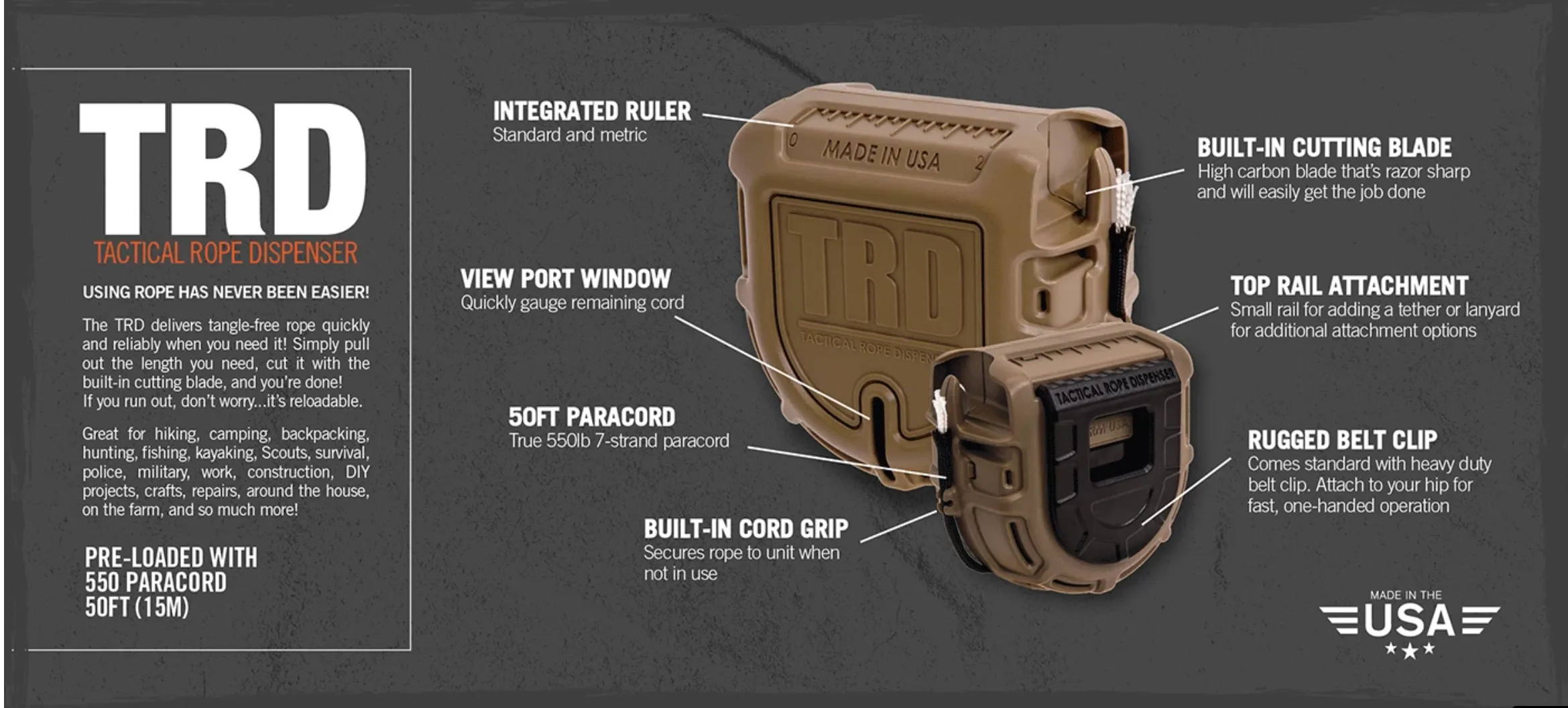 Tactical Rope Dispenser (Holds 550 Cord)
