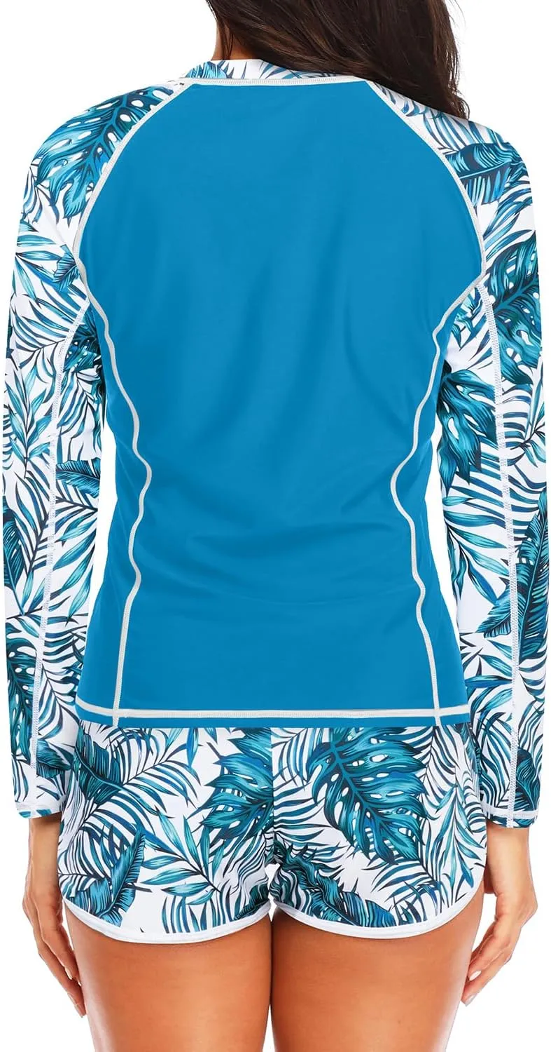 Women's Long Sleeves Rash Guard - 2 Piece Swimsuits with Built in Bra Swim Shirt and Shorts with Pockets