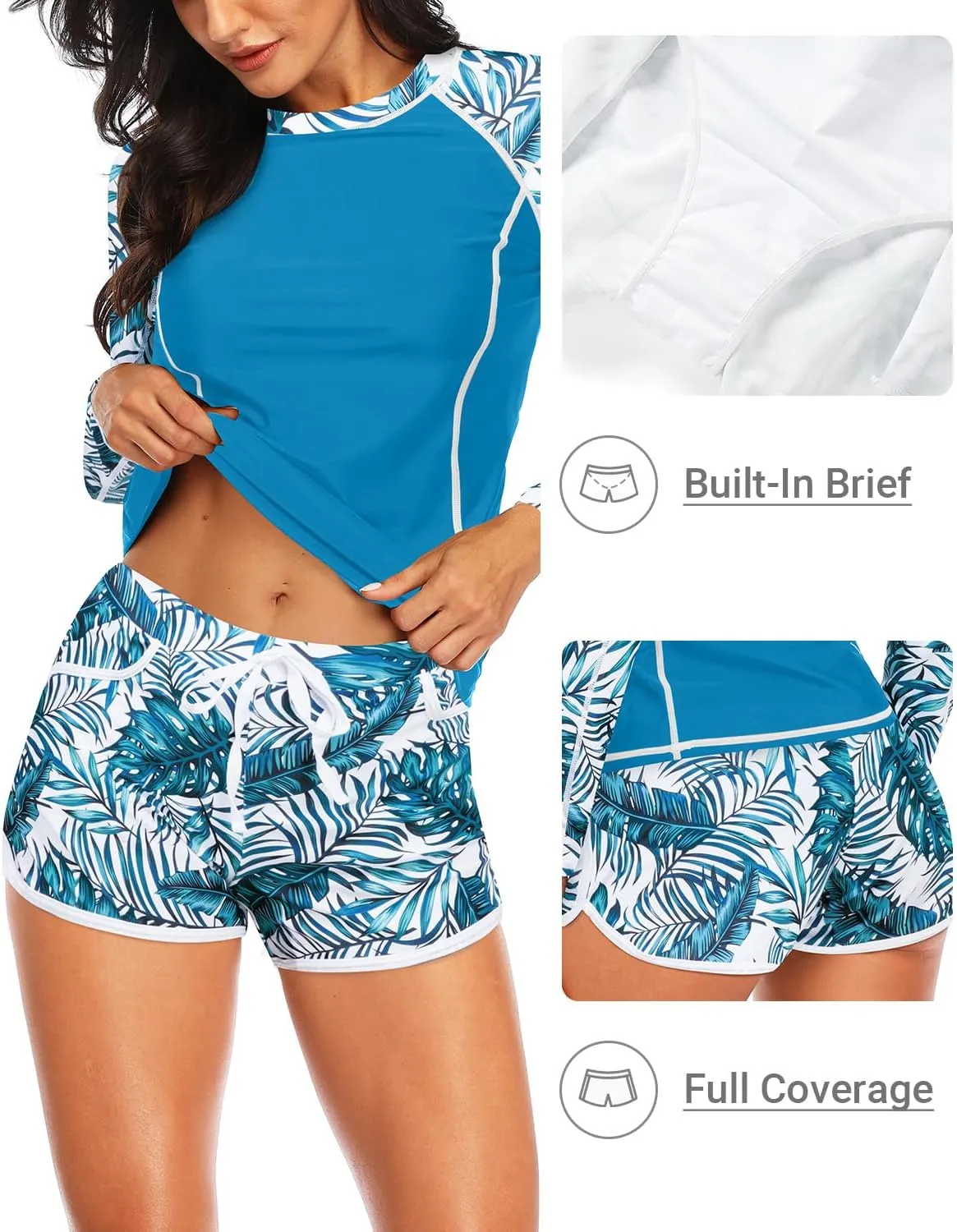 Women's Long Sleeves Rash Guard - 2 Piece Swimsuits with Built in Bra Swim Shirt and Shorts with Pockets